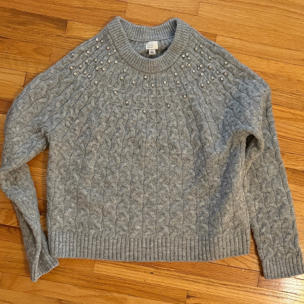 NWT RHINESTONE A New Day Gray Cable Sweater with Embellishment